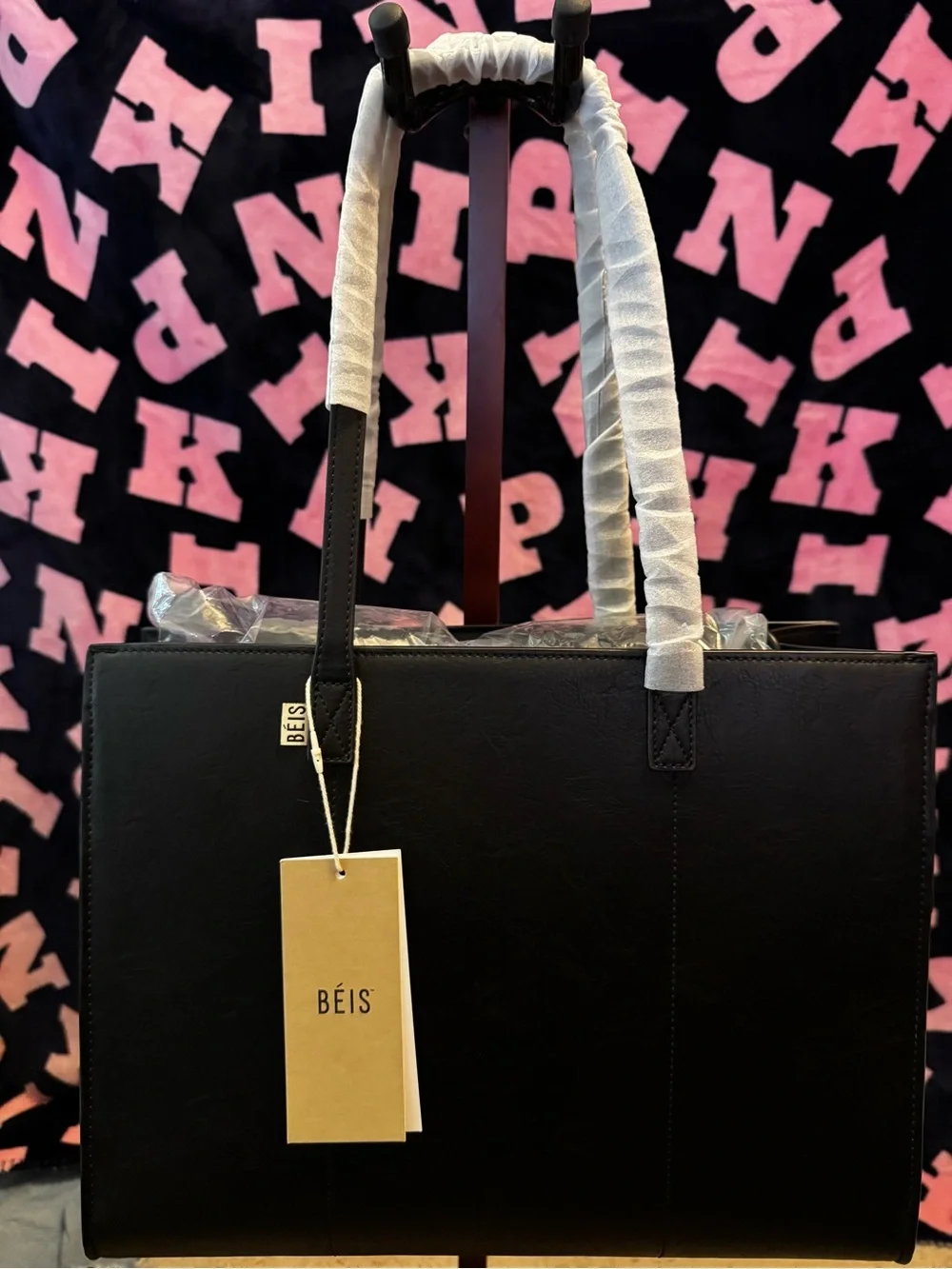 BEIS Black Structured Tote with Front Pocket